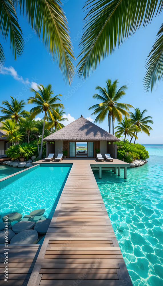 Fototapeta premium Private villa infinity pool in Maldives over water bungalow, crystal clear water, wooden deck, tropical palm trees, bright sunlight.