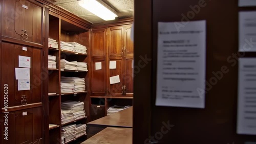 Inside view of an old library with antique wooden cabinets and piles of documents, vintage style