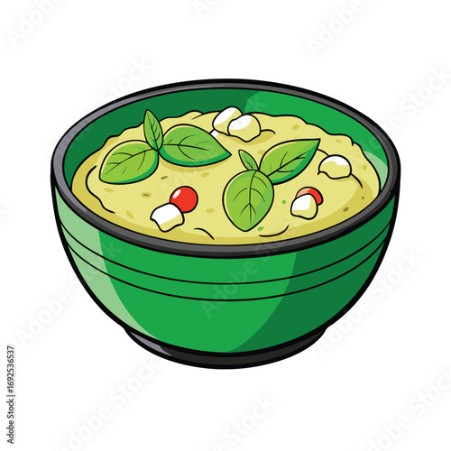 Authentic thai green curry with chicken basil and steamed rice delicious asian cuisine illustration