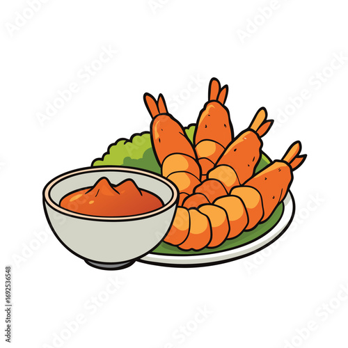 Crispy tempura shrimp with a flavorful dipping sauce and fresh green garnish illustration