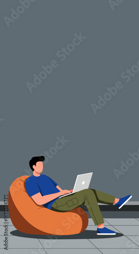 Man casually working on a laptop while relaxing on a comfortable bean bag chair in a modern, minimalist setting. Ideal for remote work, freelance, and flexible lifestyle.