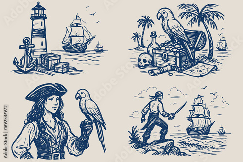 Pirate adventure set lighthouse ship parrot treasure sketch vector illustration