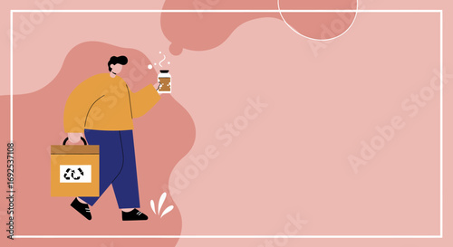 Person carrying a recycling bag and a reusable coffee cup, illustrating environmental responsibility and a sustainable urban lifestyle. Ideal for eco-conscious business concepts.