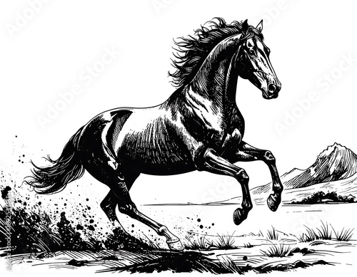 Black and white sketch of a horse in motion