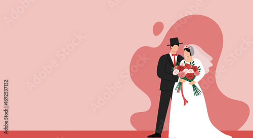 Joyful bride and groom illustration, celebrating love and marriage. Ideal for wedding invitations, anniversary announcements, or romantic concepts.