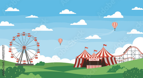 Vibrant amusement park scene with Ferris wheel, roller coaster, tents, and hot air balloons under blue skies.