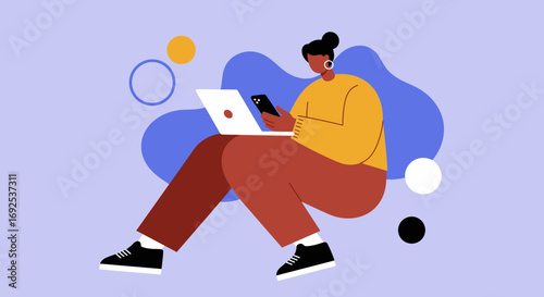 Focused individual efficiently managing tasks with a laptop and smartphone. Represents remote work, connectivity, and contemporary digital living.