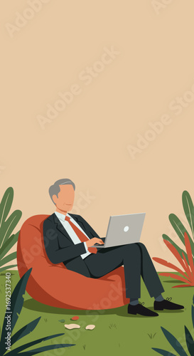 Senior businessman works remotely on a laptop from a comfortable beanbag chair in a lush outdoor garden, symbolizing modern work-life balance.