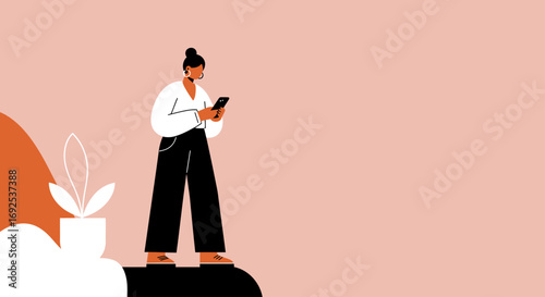 Modern woman uses smartphone on a minimalist pink background. Represents digital communication, technology, connection, and contemporary lifestyle. Ideal for business and social media.