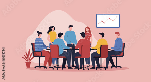 A diverse team collaborates in a modern office meeting, discussing strategies and analyzing growth data. Ideal for business, corporate, and teamwork concepts.