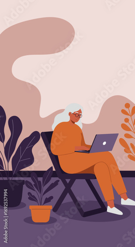 Senior woman with glasses focused on her laptop outdoors, surrounded by plants. Embodies modern lifestyle, remote work, and digital engagement for older adults.
