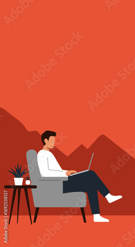 A man sits comfortably in an armchair, working on his laptop at home. This illustration depicts remote work, digital lifestyle, and online connectivity in a relaxed setting.