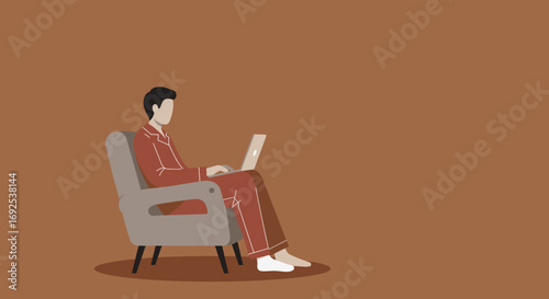 Man in pajamas comfortably works from home on a laptop, illustrating remote productivity, online lifestyle, and casual work setup.