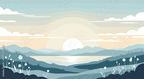 Peaceful natural landscape with serene lake and gentle mountains at sunrise, serene beauty