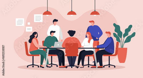 Business professionals discuss ideas and collaborate around a table in a dynamic office meeting. Emphasizes teamwork and productivity.
