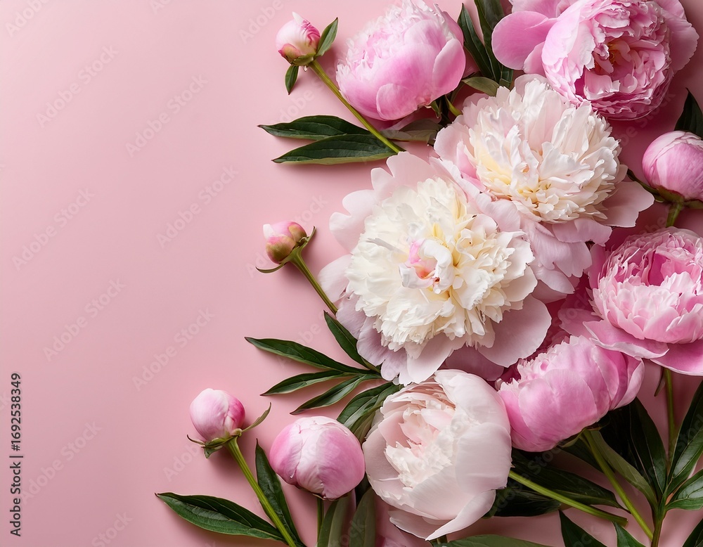 Fototapeta premium pastel pink background with pink and white peonies copy space image botanical