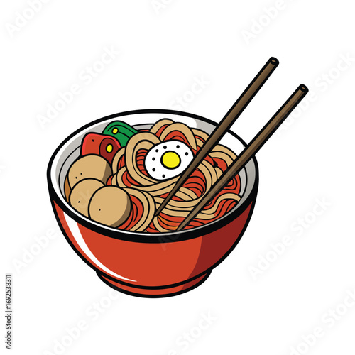Delicious japanese udon noodles in savory broth with fresh toppings and elegant chopsticks