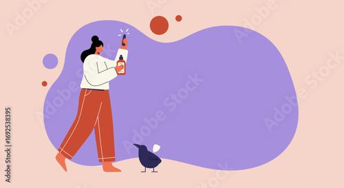 Woman influencer photographing a cosmetic dropper bottle with her smartphone. Ideal for beauty product promotion, social media, and digital marketing.