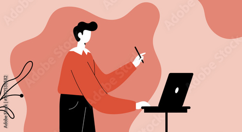 Modern illustration of a person working remotely on a laptop, using a stylus. Ideal for concepts of online learning, creative work, digital business, and freelance lifestyle.
