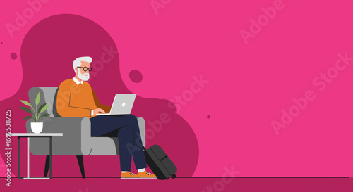Modern senior man with a laptop, comfortably working or enjoying leisure in an armchair with a suitcase. Represents remote work, travel planning, or digital independence.