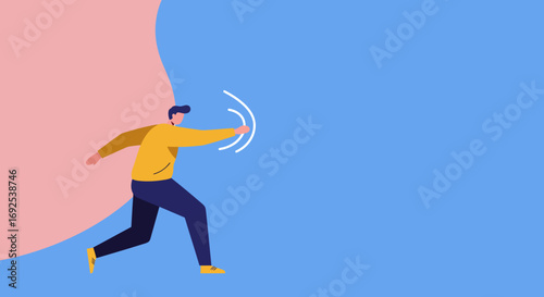 Flat design man moving dynamically, extending arm with radiating lines, representing connection, future technology, or proactive business solutions.