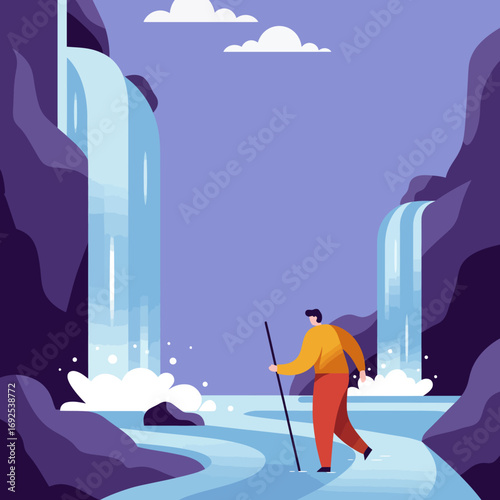 Person exploring a scenic river path flanked by majestic waterfalls and rugged cliffs. Represents a journey of discovery, adventure, and overcoming challenges.