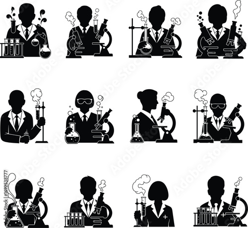 Silhouettes of scientists conducting experiments, using microscopes, test tubes, lab equipment, chemical reactions, research, analysis, laboratory work, science, innovation, teamwork.
