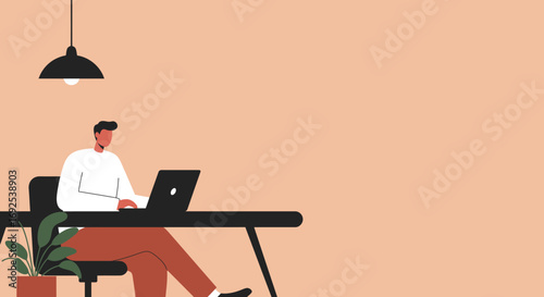 Professional man working remotely on his laptop at a minimalist home office desk. Ideal for concepts of productivity, freelance work, or digital lifestyle.