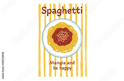 Spaghetti Poster. Italian Pasta Illustration. Mangia and Be Happy Quote. Retro Kitchen Decor Artwork.