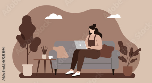 Woman working remotely from home on her laptop, comfortably seated on a sofa. Represents flexibility, productivity, and modern digital lifestyle.