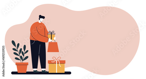 Man holding a gift box and shopping bag, standing beside other presents and a potted plant. Ideal for holiday sales, online shopping, or special occasion promotions.
