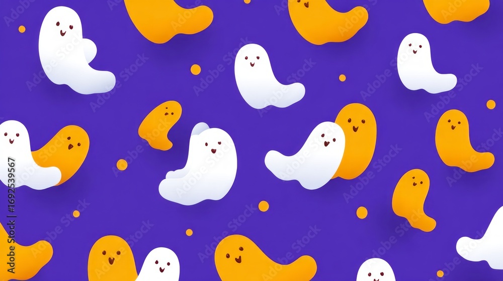 Obraz premium Spooky face illustrations featuring playful ghosts on a vibrant purple background for Halloween decorations