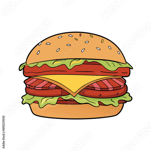 Delicious bacon cheeseburger illustration with multiple crispy bacon layers and fresh ingredients