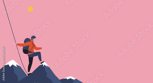 A determined climber ascends snowy mountains under a bright sun, symbolizing overcoming challenges, adventure, and personal achievement.
