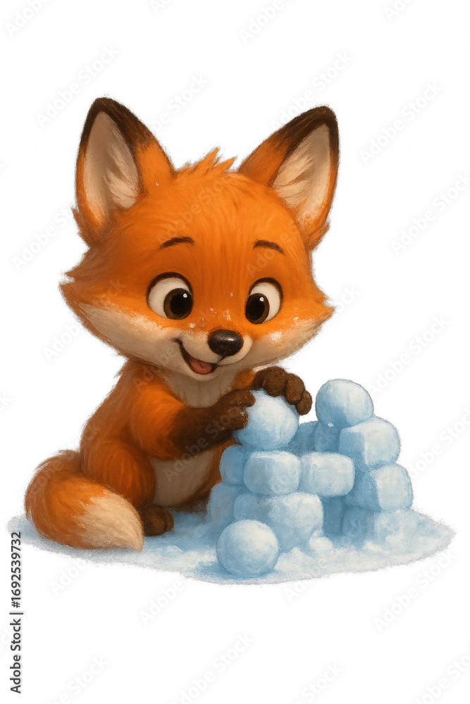Obraz premium Playful fox cub building a small snow fort from round snowballs, big eyes and fluffy tail, on clean white background with copy space, cheerful childhood winter fun concept