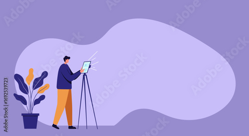 Man using a tablet on a tripod for live streaming, recording, or virtual communication in a modern, clean setup. Concepts of online business, education, and digital lifestyle.