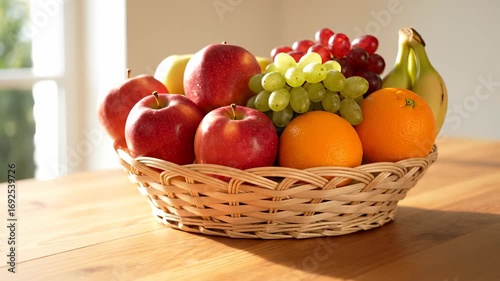 Wallpaper Mural A basket of various fresh fruits, including apples, grapes, oranges, and bananas, on a wooden table. Torontodigital.ca