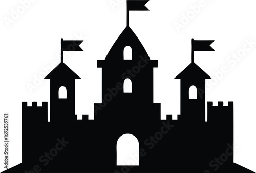 Silhouette of a Fortress with Towers and Flags, Historical Vector Art