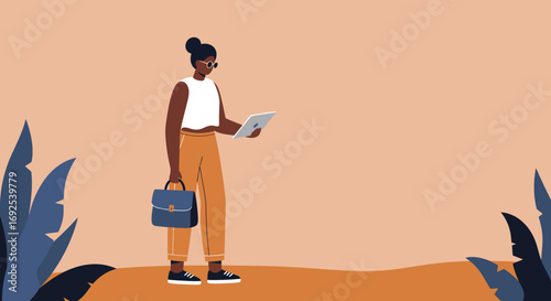 Confident Black woman uses a tablet while holding a briefcase, representing modern business, technology, and a connected lifestyle. Ideal for professional and digital concepts.