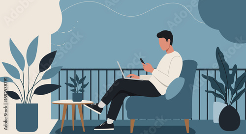 Young man working remotely from a comfortable home or balcony, using laptop and phone. Represents modern freelance lifestyle, digital communication, and connectivity.