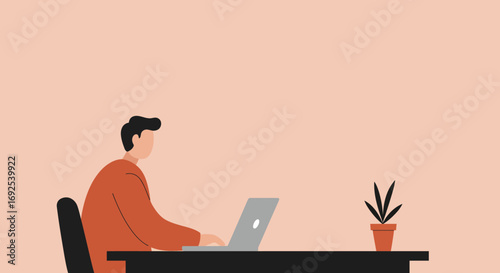 Person diligently working on a laptop at a desk with a plant, representing remote work, productivity, technology, and a modern lifestyle. Ideal for business and online learning concepts.