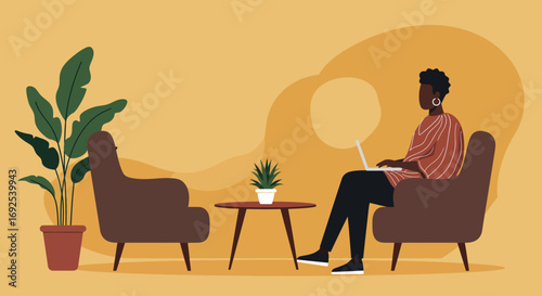 An African-American woman works comfortably on her laptop in a cozy, modern setting. Ideal for themes of remote work, productivity, freelancing, and digital lifestyle.
