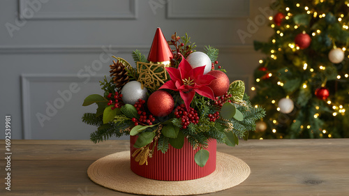 Festive Christmas table centerpiece with a poinsettia, baubles, and pine cones, with a decorated tree in the background.