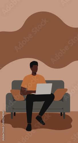A man works on a laptop while sitting comfortably on a sofa at home, representing remote work, online learning, or digital lifestyle.