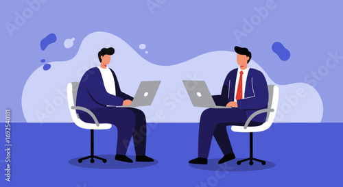 Two businessmen work on laptops, collaborating in a professional office or remote setting. Illustrates teamwork, productivity, and digital communication for modern business.