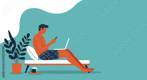 Modern man working remotely on a laptop and smartphone from a lounge chair, illustrating flexible work, digital nomad, or vacation productivity.
