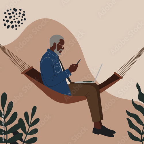 Stylish senior man relaxing in a hammock, using a smartphone and laptop for remote work or leisure. Modern digital lifestyle.
