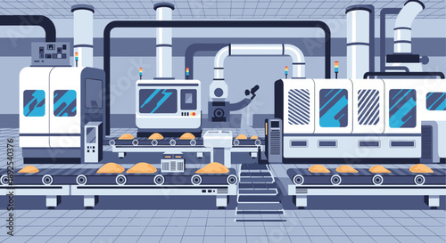 Modern factory production line with automated machinery and conveyor belts processing materials efficiently