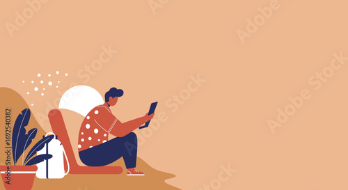 Man uses a digital tablet outdoors, symbolizing remote work, travel, or leisure with technology. Ideal for concepts of connectivity, digital nomad lifestyle, and modern communication.