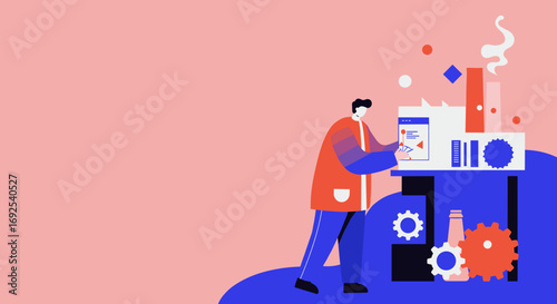 A professional operates a complex system or interface, symbolizing innovation, data analysis, and technological development in industry and business.
